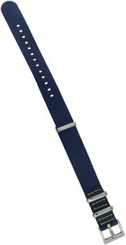 Wytrzymały pasek do zegarka NATO 021, parciany w granatowym kolorze, długość 27 cm, szerokość 18 mm, z solidną stalową sprzączką. Idealny do zegarków codziennych i sportowych.1.jpg